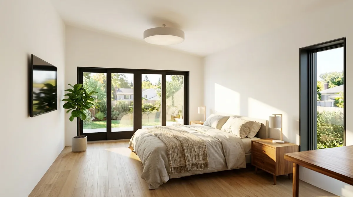 Altadena Residence primary bedroom rendering with sliding glass doors to the backyard
