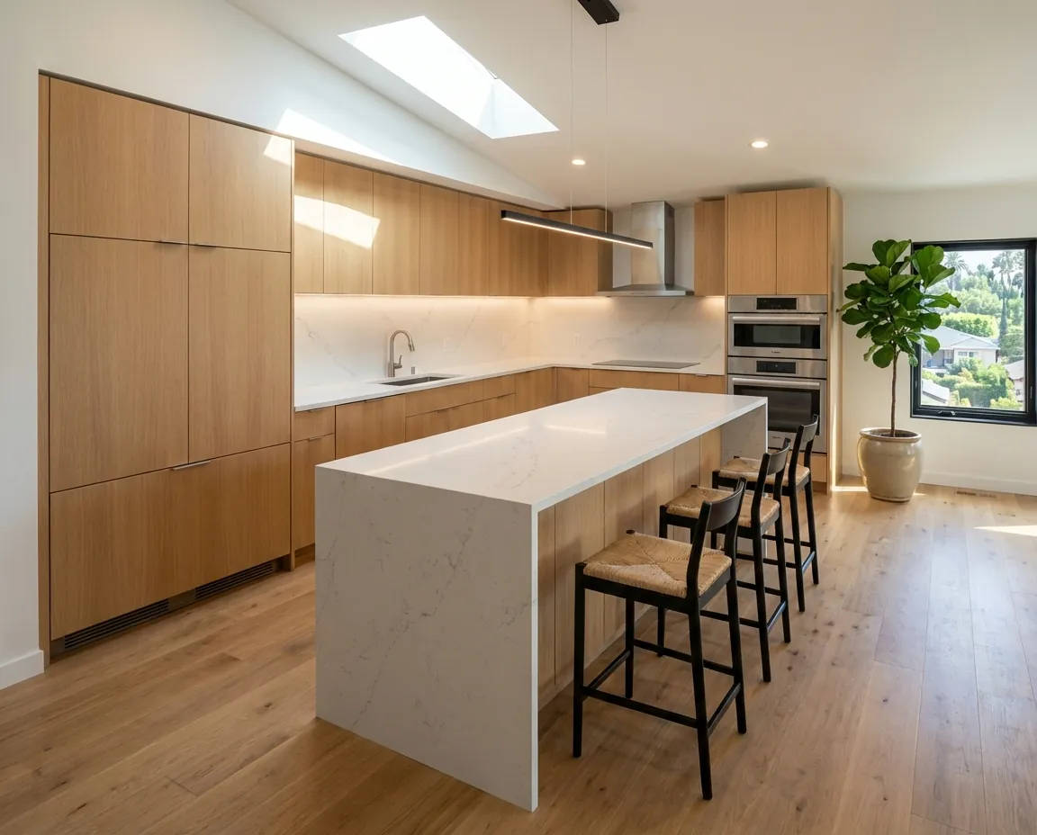 Altadena Residence kitchen rendering with island and skylight