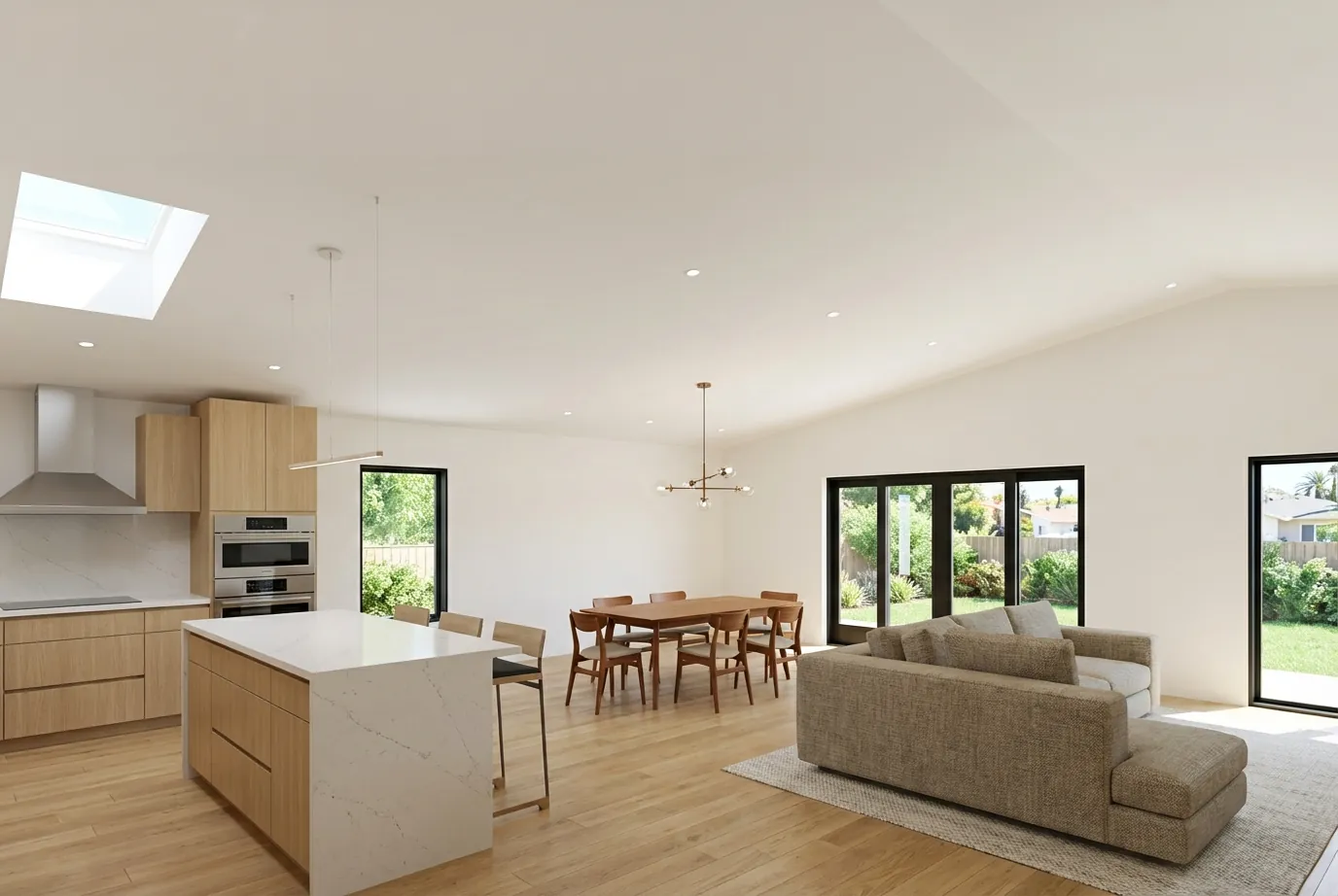 Altadena Residence open kitchen, dining, and living area rendering