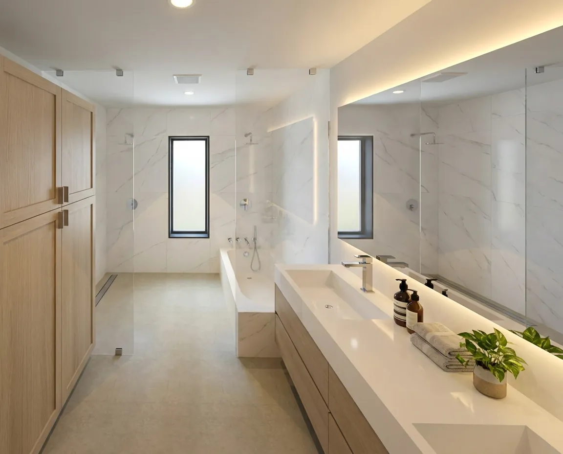 Altadena Residence primary bathroom rendering with soaking tub and walk-in shower