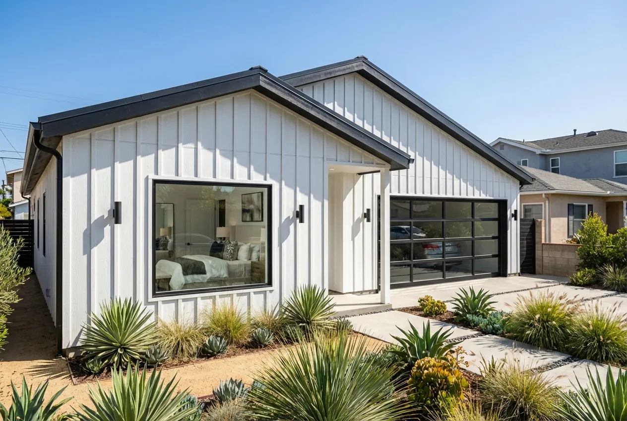 Altadena Residence front exterior rendering, alternate angle showing entry and garage