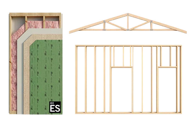 4C ECO component assembly, wood roof truss and wall framing