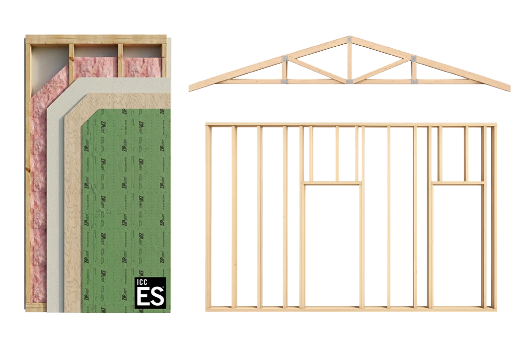 4C ECO component assembly, wood roof truss and wall framing