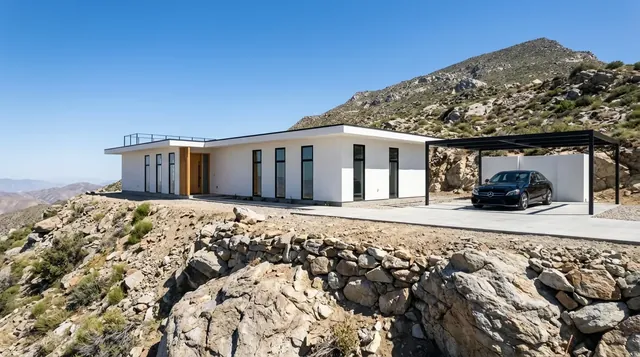 The finished Escondido Residence exterior with its carport on the hillside