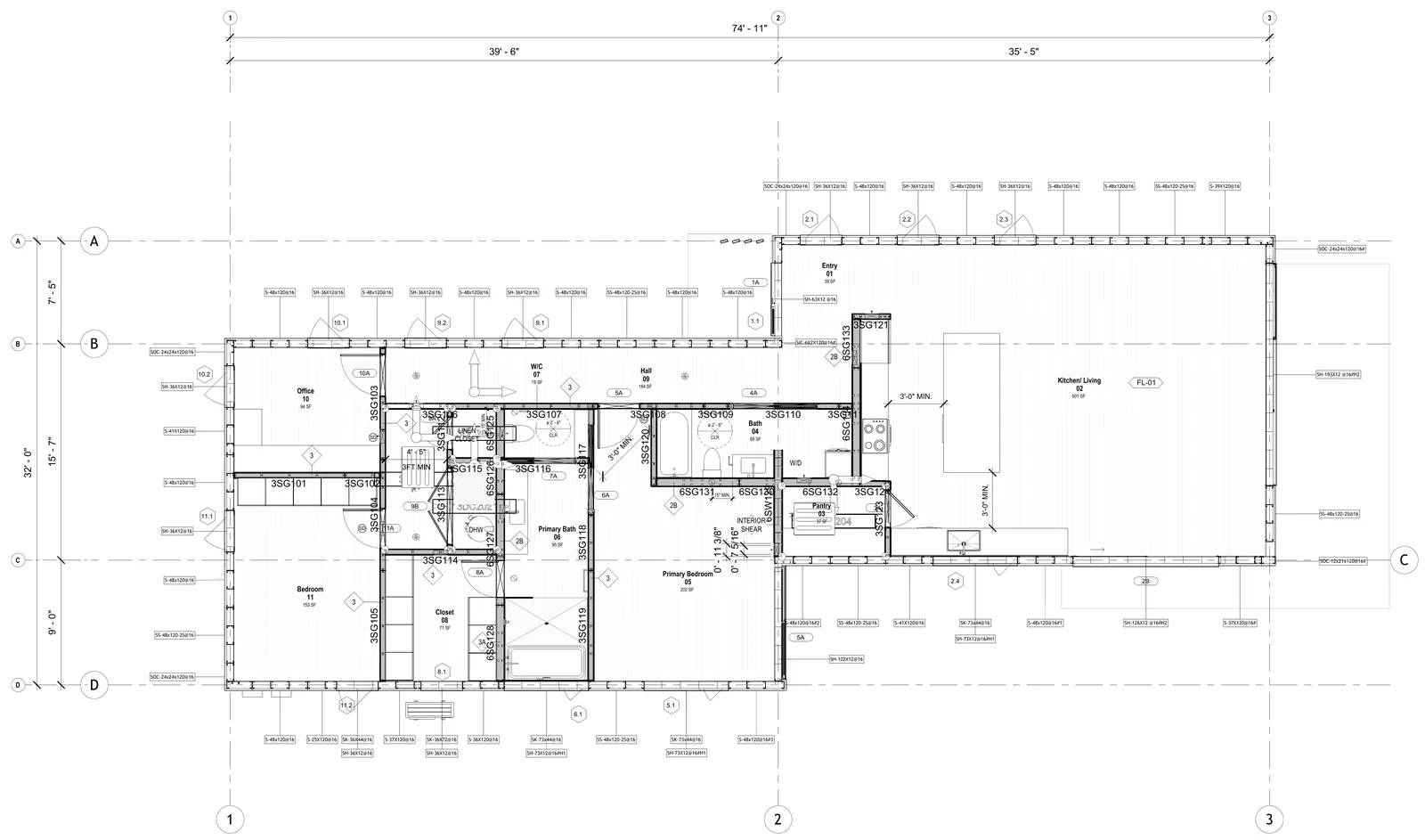 4C panel layout for the Escondido Residence: the floor plan with every exterior wall panel and interior partition tagged by type and size
