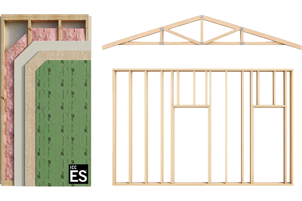 4C ECO wood-framed wall assembly layers, wall framing and roof truss