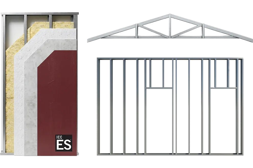 4C SAFE steel-framed wall assembly layers, wall framing and roof truss