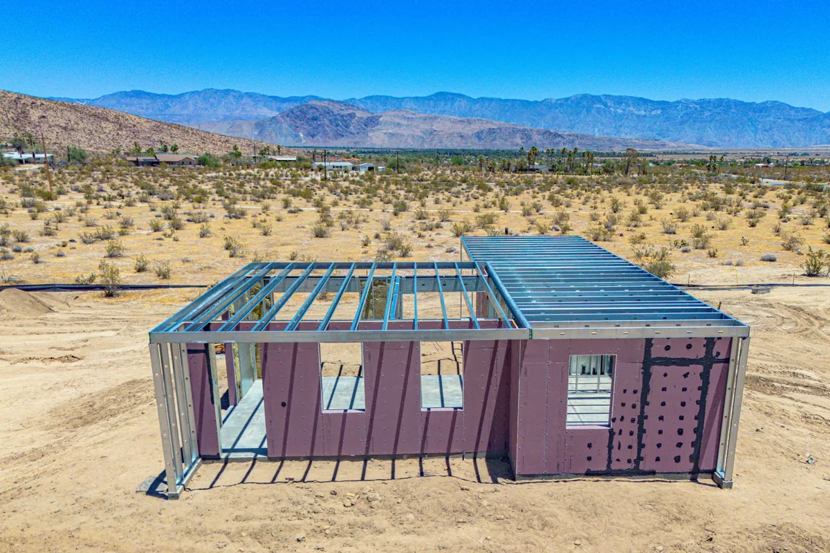 Aerial view of a panelized 4C SAFE home with steel roof framing in Borrego Springs, California