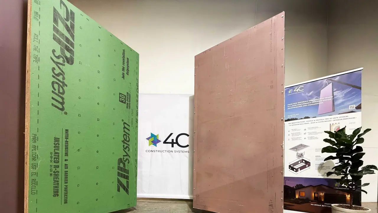 Material samples at our Hayward facility, including ZIP System sheathing and DuPont ArmorWall