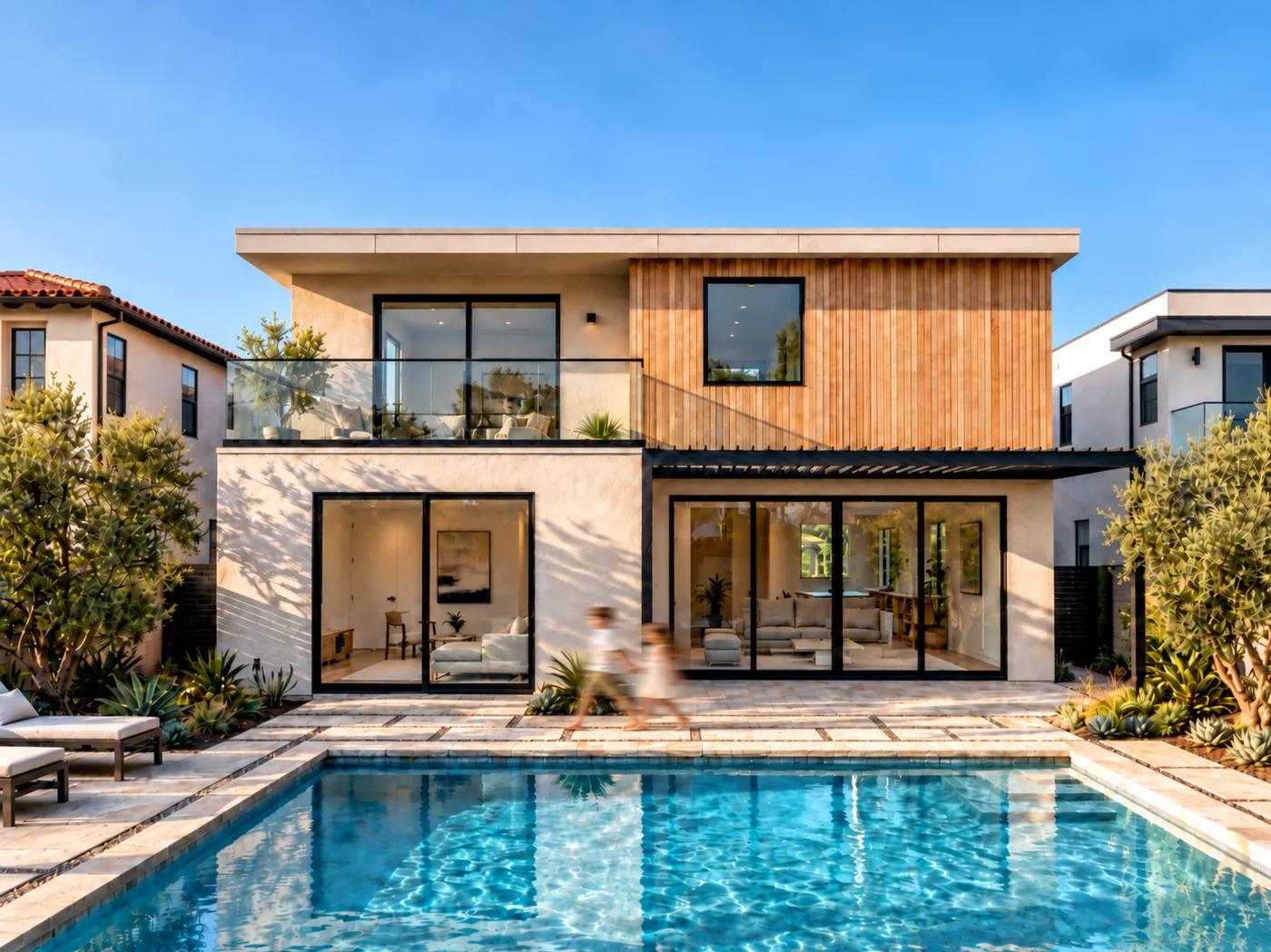 Pacific Palisades residence backyard and pool, daytime, with two children walking poolside, rendering