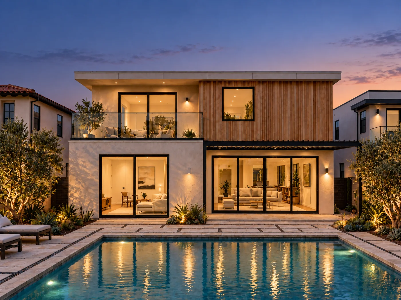 Pacific Palisades residence backyard and pool at dusk, interior warmly lit, rendering